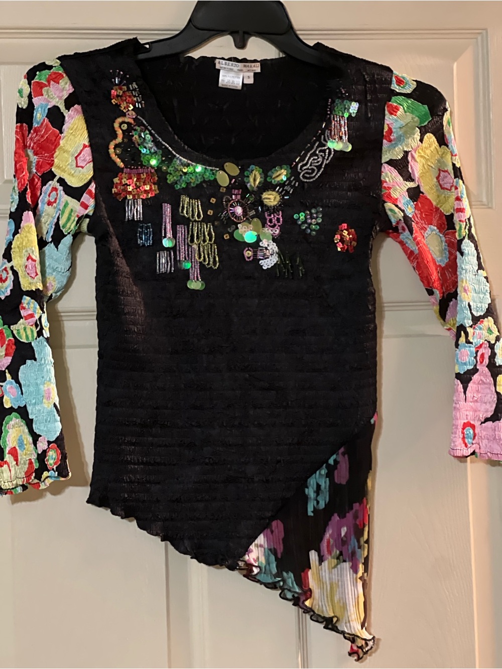 Alberto Makali Black Asymmetric Top with Multicolor Floral Sleeves & Sequins